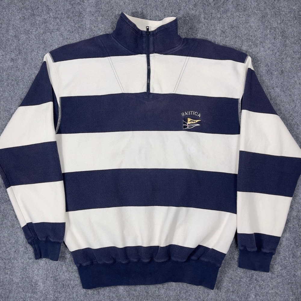 Nautica Quarter Zip Pullover Mens Large Blue White Striped Pique Vintage N-625